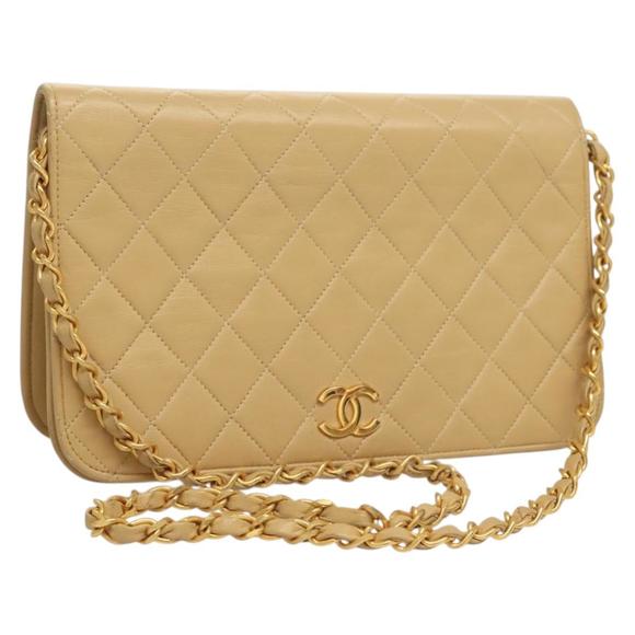 CHANEL Matelasse Chain Shoulder Bag Lamb Skin Beige Gold CC Auth 131435 - Picture 1 of 16